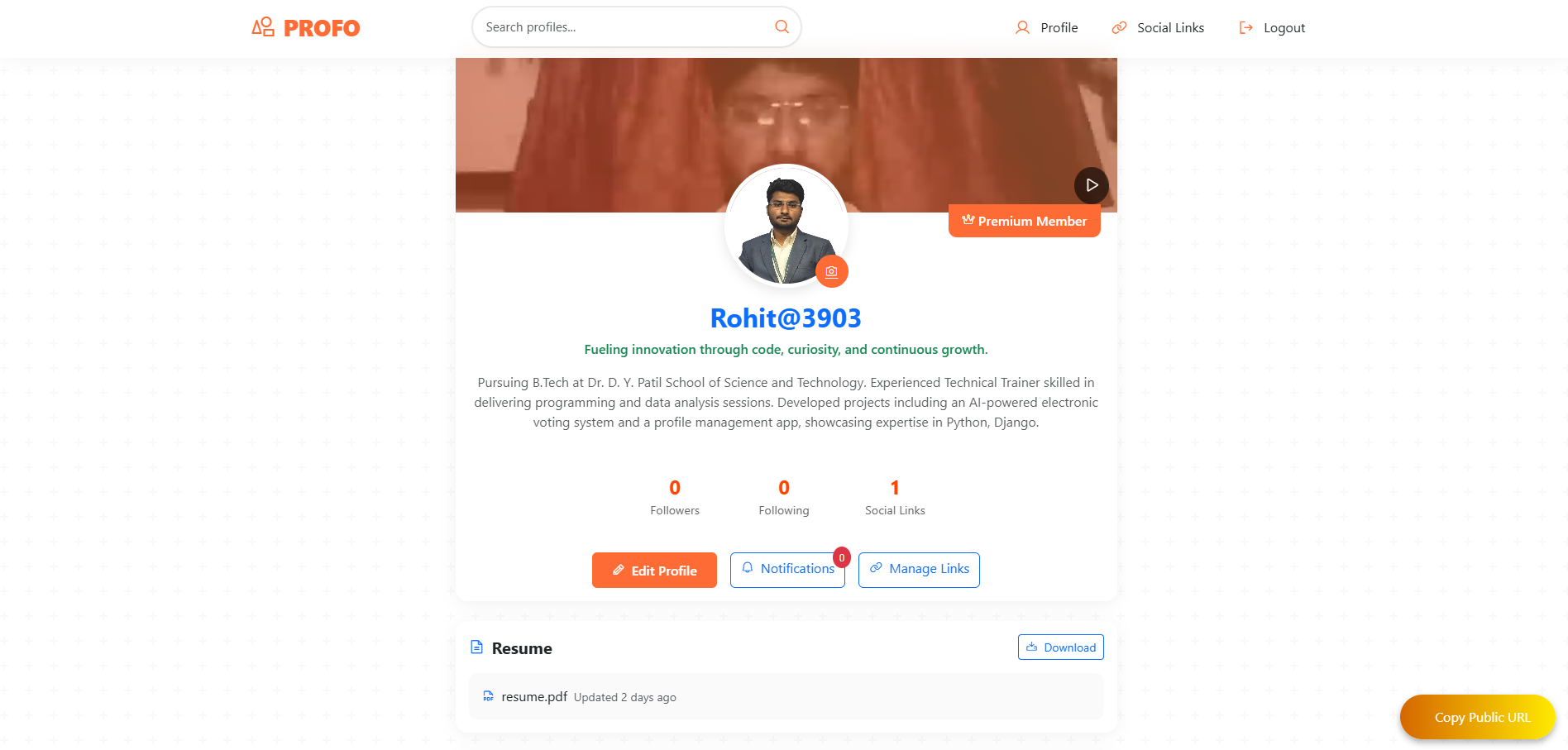 Interface for Profo Profile Management